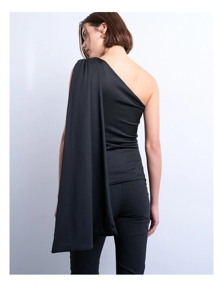 Katy One Shoulder Cape Top in Black image 3