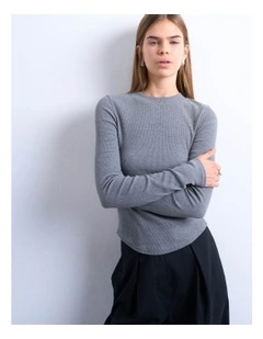 Bea Rib Curved Hem Top in Grey Marle