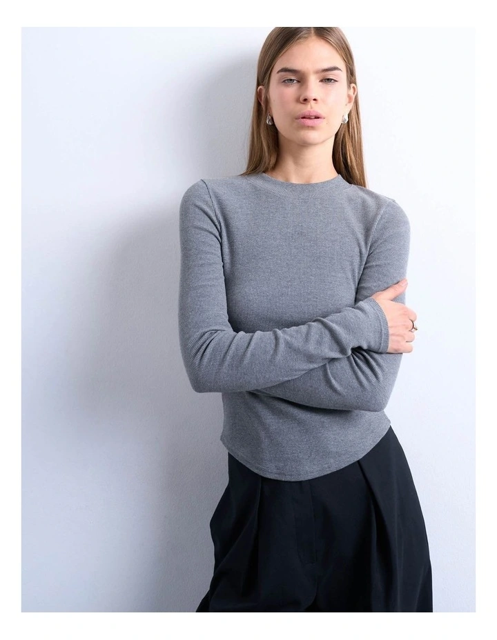 Bea Rib Curved Hem Top in Grey Marle image 1