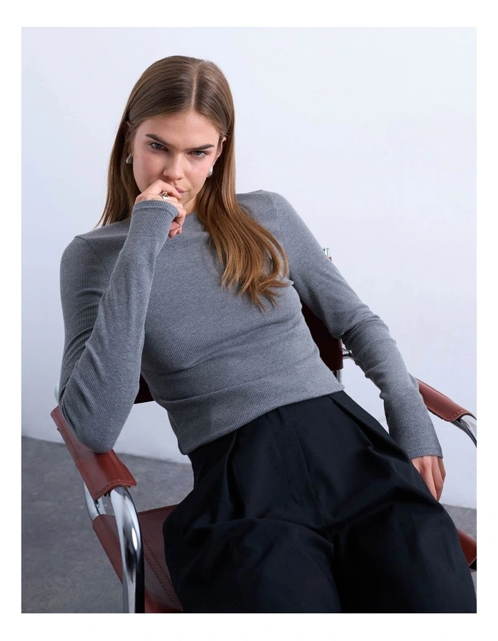 Bea Rib Curved Hem Top in Grey Marle image 3