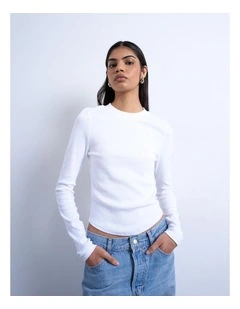 Bea Rib Curved Hem Top in White