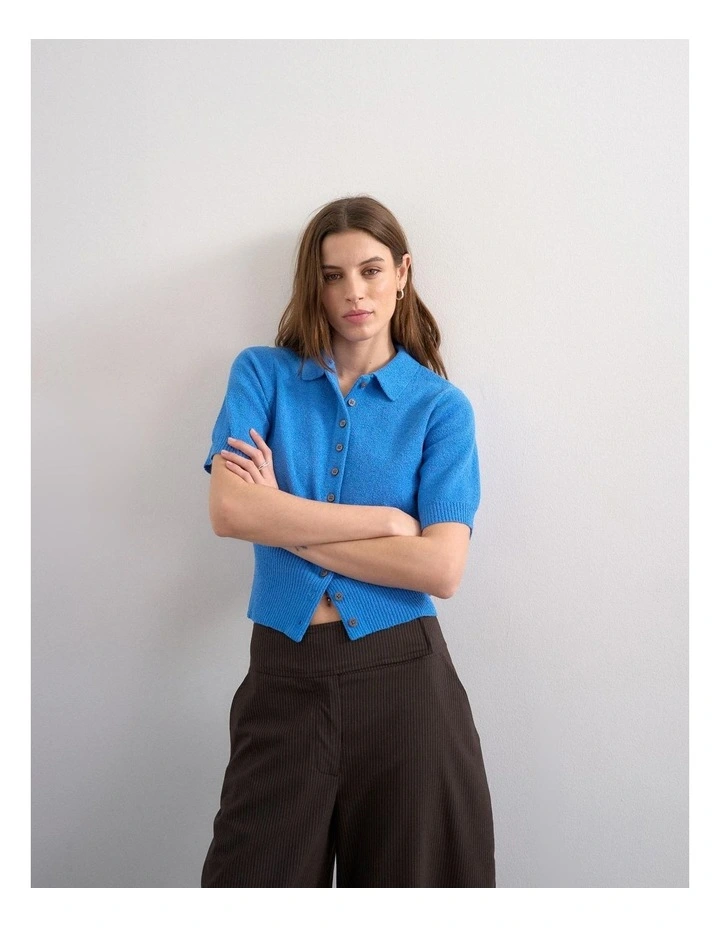 Kylie Short Sleeve Cinch Waist Polo Pullover in Blue image 1