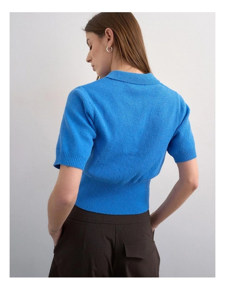 Kylie Short Sleeve Cinch Waist Polo Pullover in Blue image 3