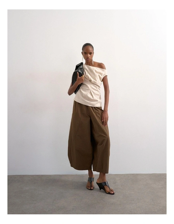 Arisa Asymmetric Twist Shoulder Top in Beige image 1