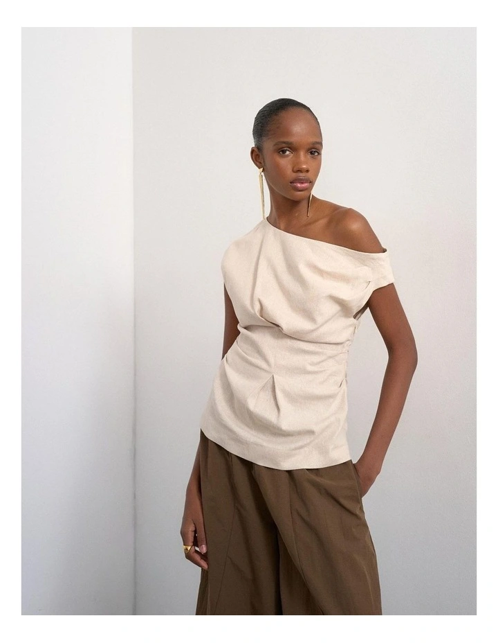 Arisa Asymmetric Twist Shoulder Top in Beige image 2