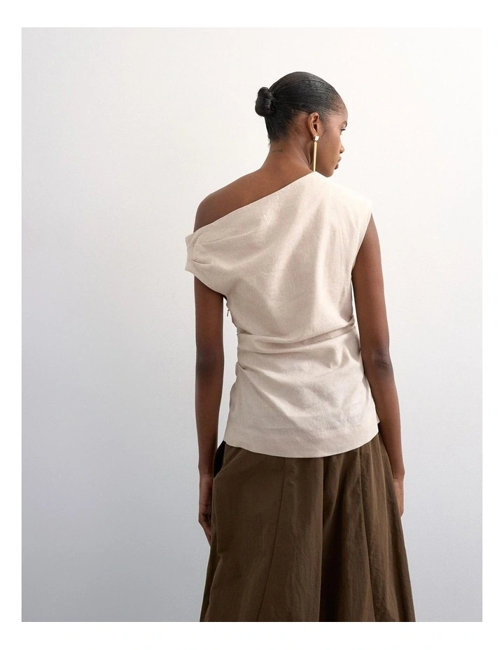 Arisa Asymmetric Twist Shoulder Top in Beige image 4
