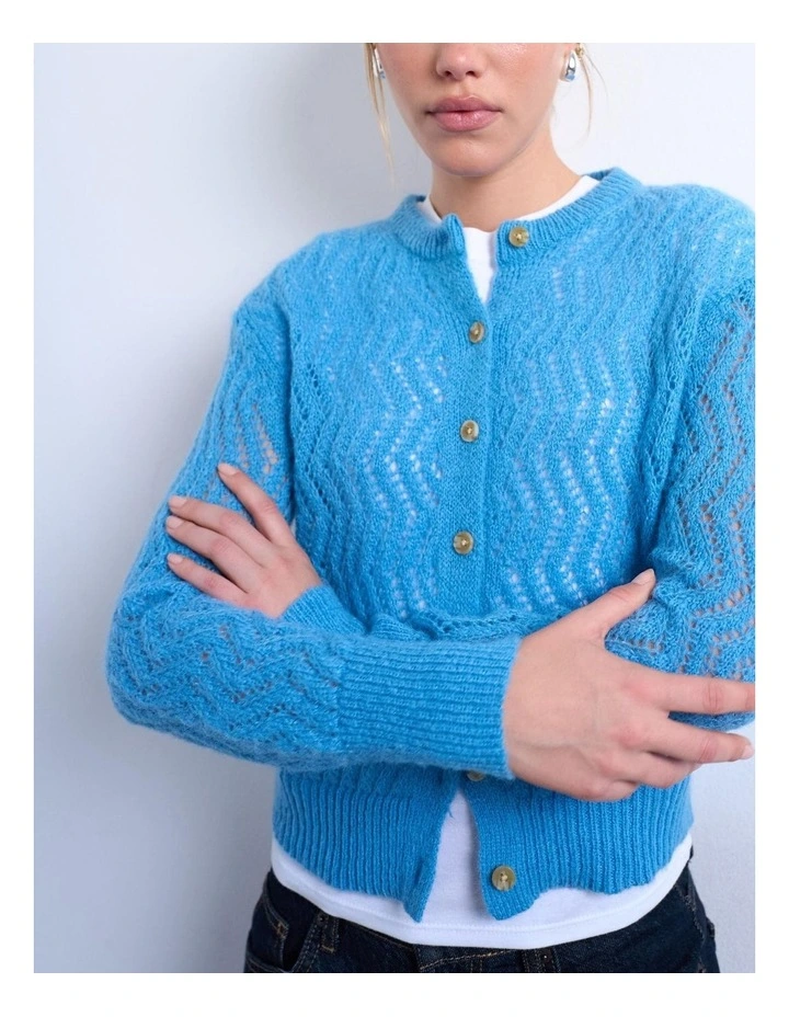Pippi Pointelle O-Neck Cardigan in Blue image 3