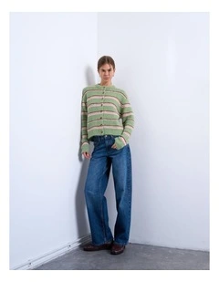 Caro Stripe O-Neck Cardigan in Green