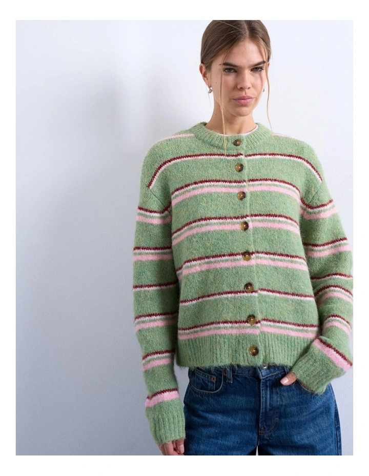 Caro Stripe O-Neck Cardigan in Green image 2