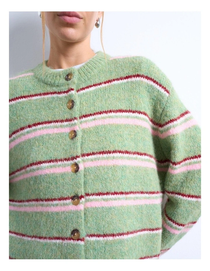 Caro Stripe O-Neck Cardigan in Green image 3