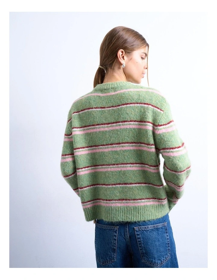 Caro Stripe O-Neck Cardigan in Green image 4