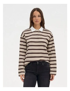 Aminah Life Stripe Polo Top in Brown