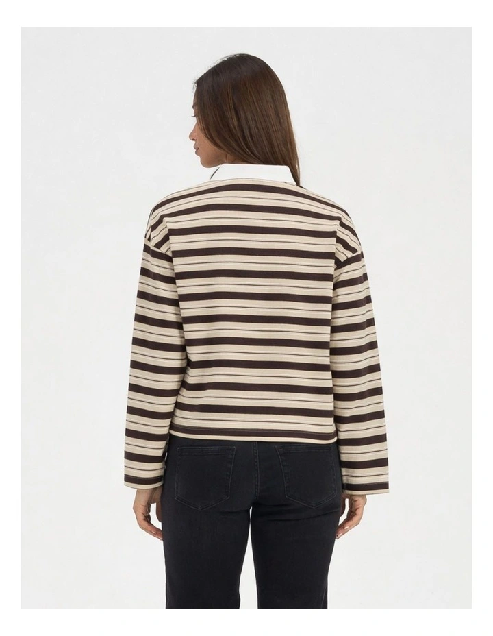 Aminah Life Stripe Polo Top in Brown image 2