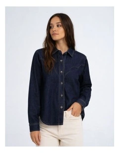 Piccadilly Long Sleeve Western Denim Shirt in Dark Blue