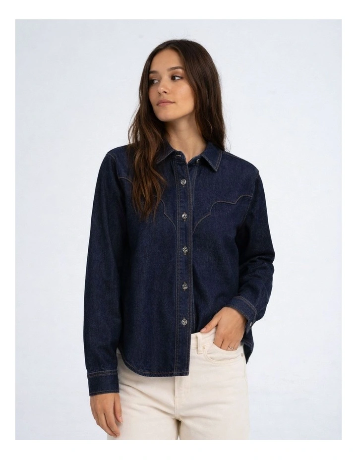 Piccadilly Long Sleeve Western Denim Shirt in Dark Blue image 1