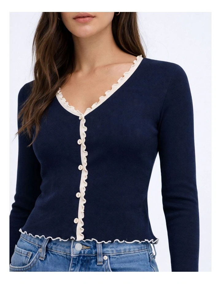 Laila Button Frill Top in Navy image 2