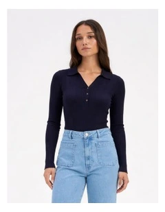 Mila Long Sleeve Ribbed Polo in Navy