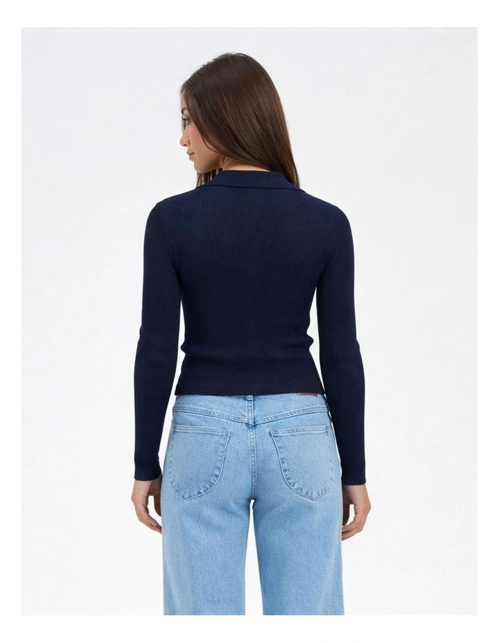 Mila Long Sleeve Ribbed Polo in Navy image 2