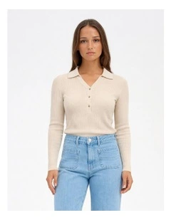 Mila Long Sleeve Ribbed Polo in Cream