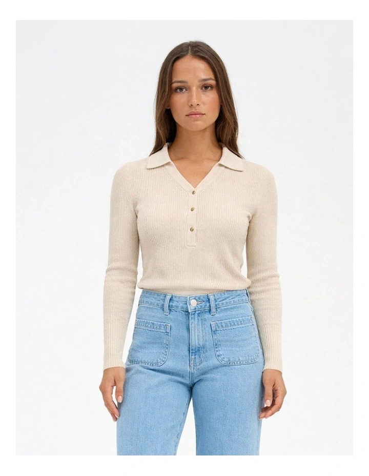 Mila Long Sleeve Ribbed Polo in Cream image 1