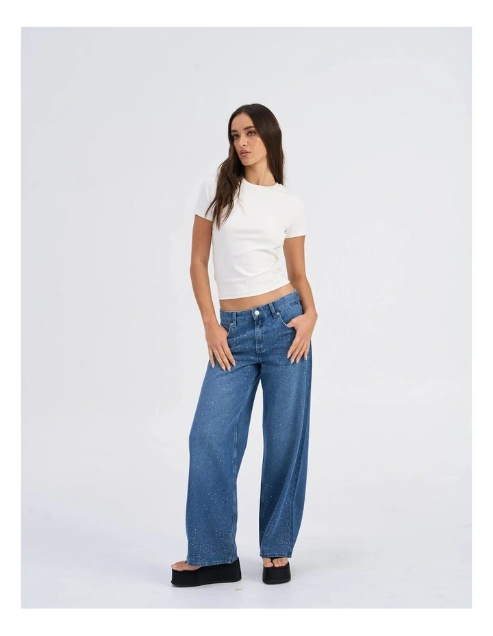 Cath Low Waisted Wide Rhinestone Denim Jeans in Medium Blue Denim image 2