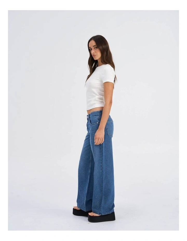 Cath Low Waisted Wide Rhinestone Denim Jeans in Medium Blue Denim image 4