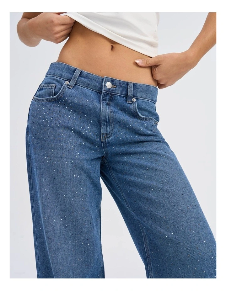 Cath Low Waisted Wide Rhinestone Denim Jeans in Medium Blue Denim image 6