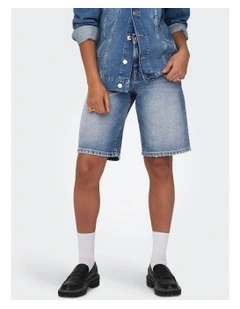 Mate Baggy Long Shorts in Mid Blue Denim