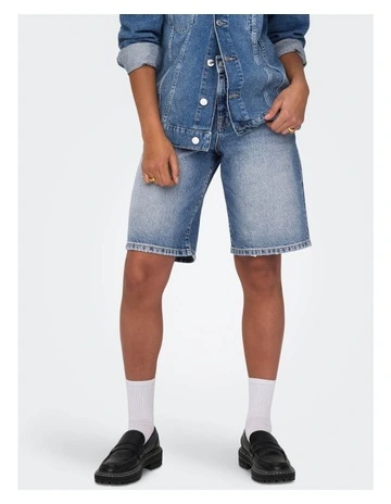 Mate Baggy Long Shorts in Mid Blue Denim