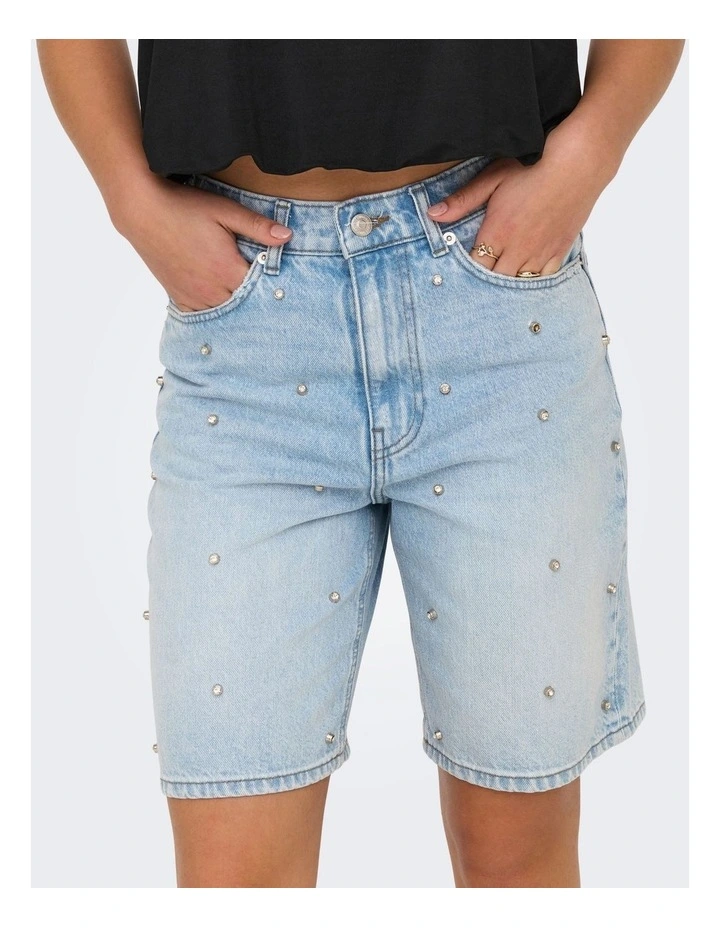 Hope High Waisted Loose Long Denim Shorts in Light Blue Denim image 2