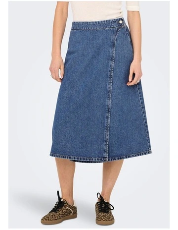 Thea Wrap Cotton Midi Skirt in Mid Blue Denim