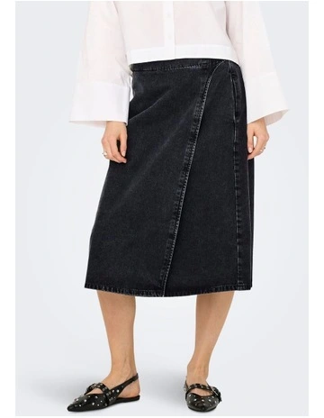 Thea Wrap Cotton Midi Skirt in Wash Black Denim