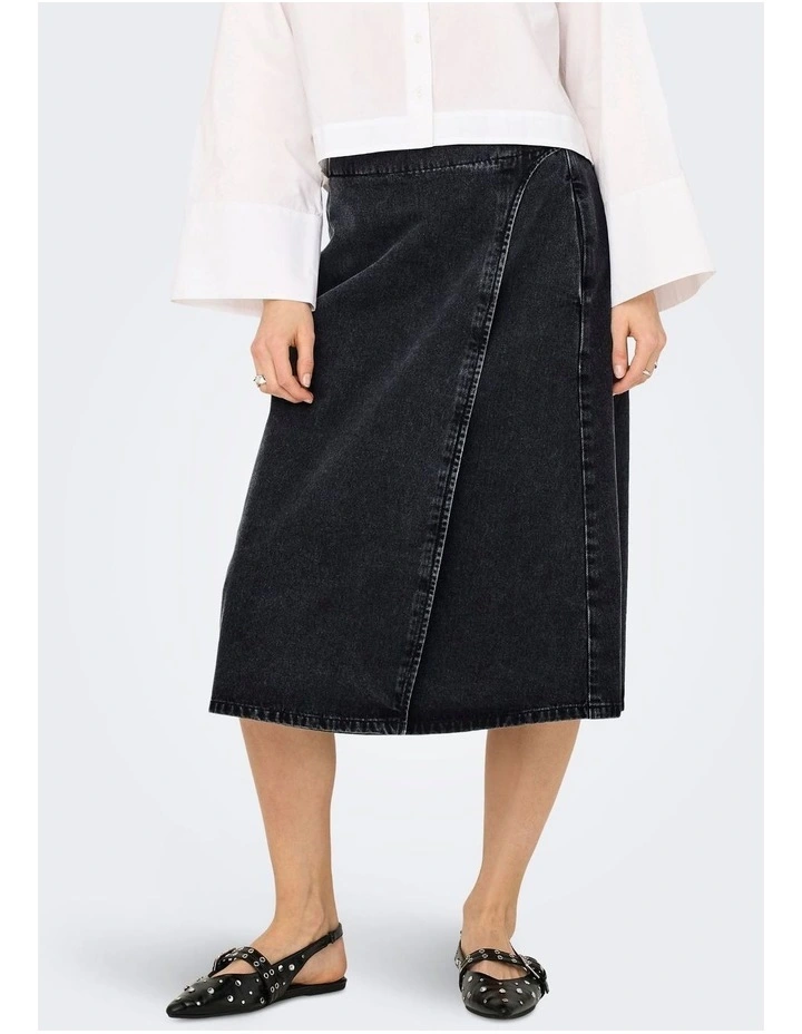 Thea Wrap Cotton Midi Skirt in Wash Black Denim image 1