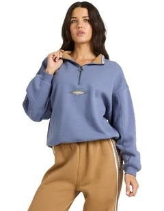 Wave Break Half Zip Fleece Hoodie in Stone Blue