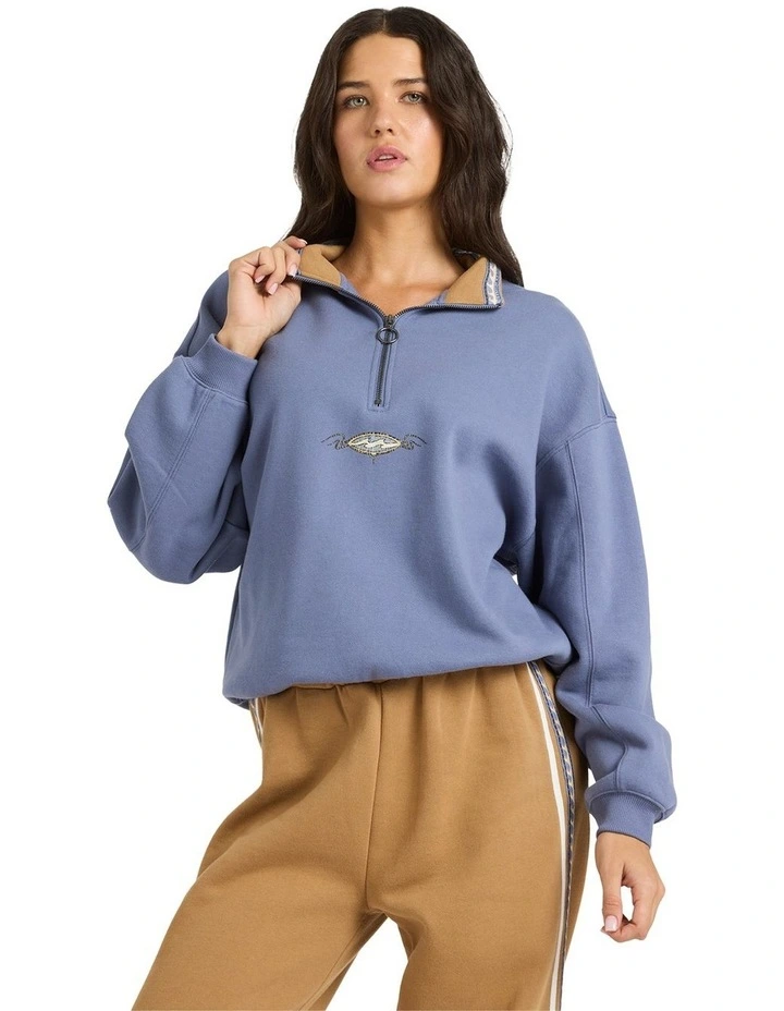 Wave Break Half Zip Fleece Hoodie in Stone Blue image 1