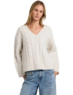 Cable V Neck Sweater in Star White
