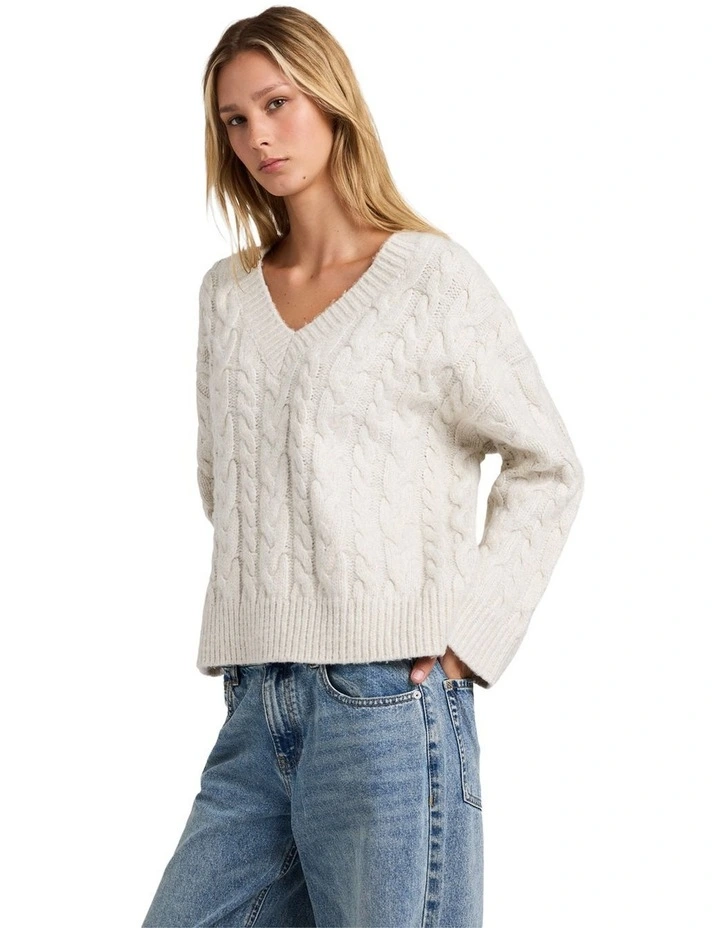 Cable V Neck Sweater in Star White image 3