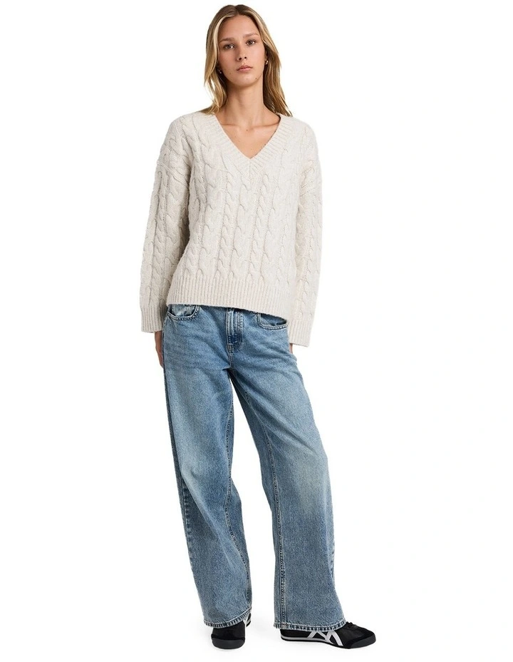 Cable V Neck Sweater in Star White image 5