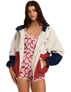 Set The Tone Zip Up Hoodie in Red, Beige, and Navy