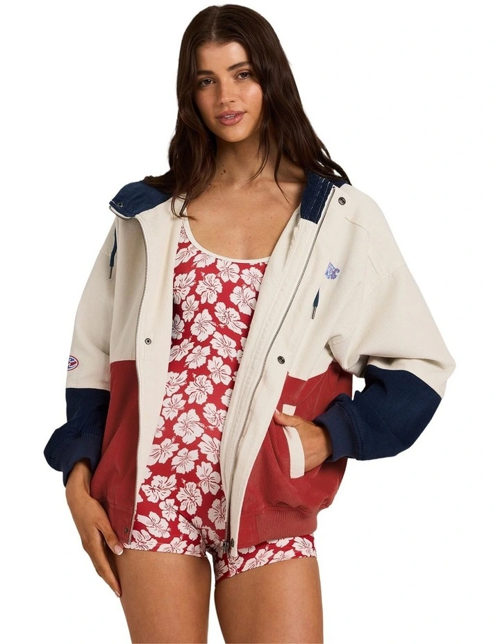 Set The Tone Zip Up Hoodie in Red, Beige, and Navy image 1