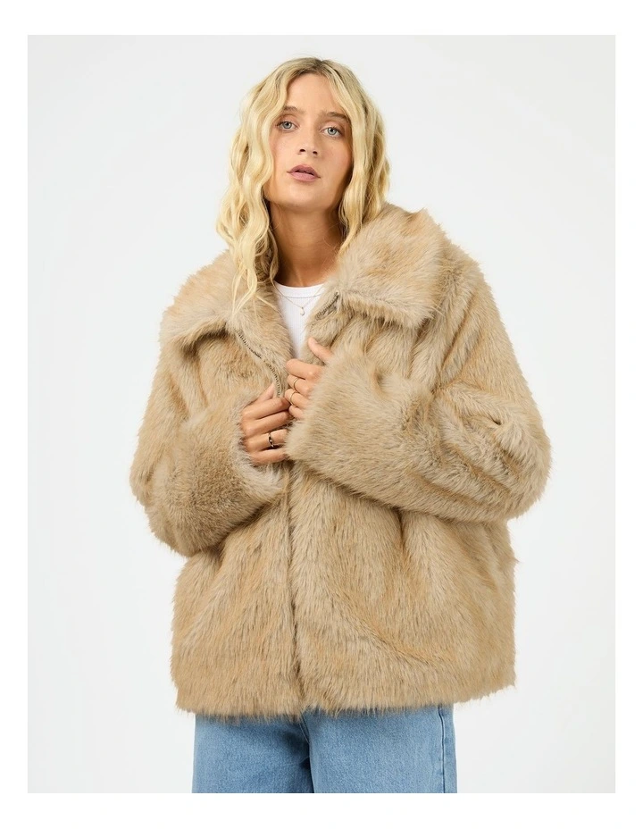 Sable Faux Fur Zip Coat in Brown image 1