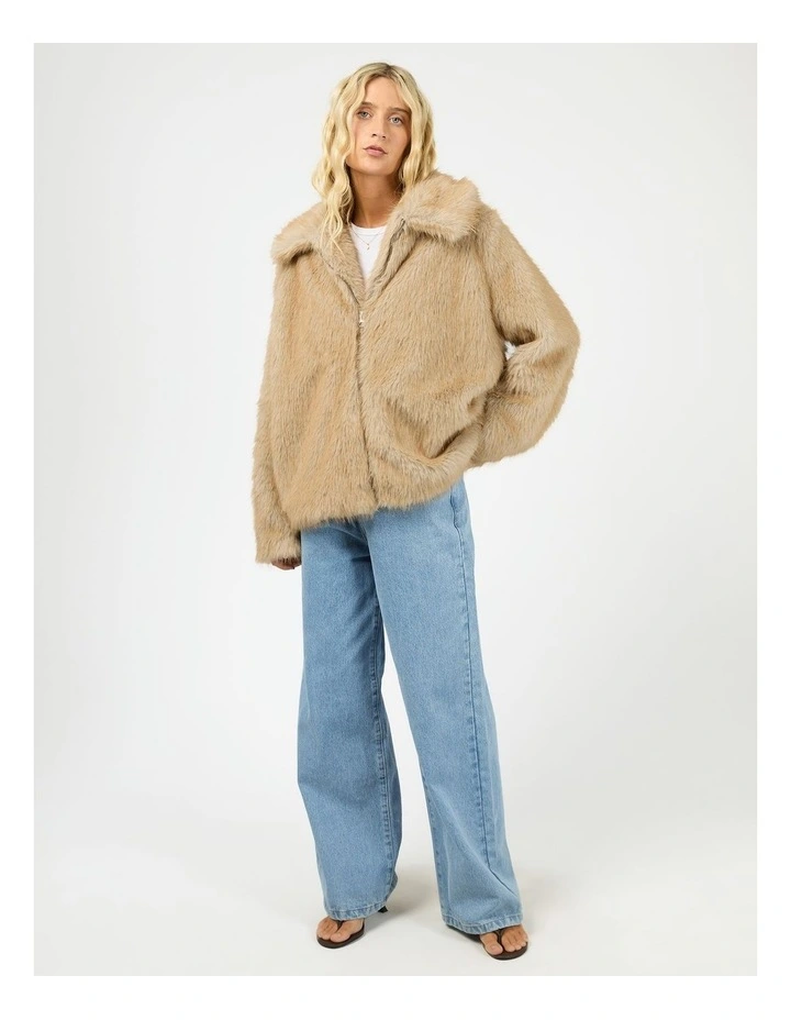Sable Faux Fur Zip Coat in Brown image 3