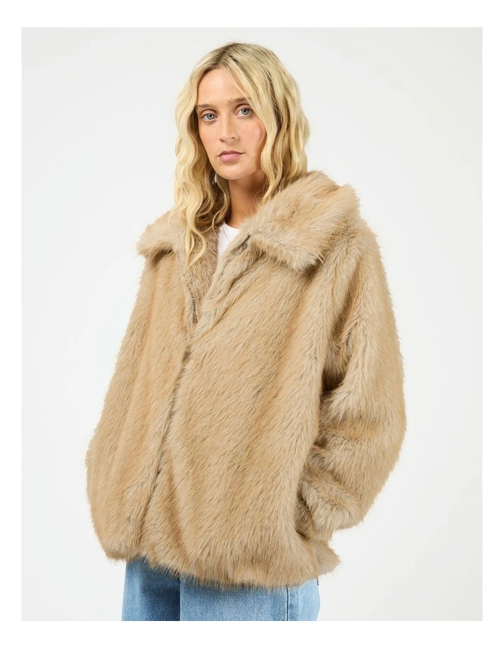 Sable Faux Fur Zip Coat in Brown image 4