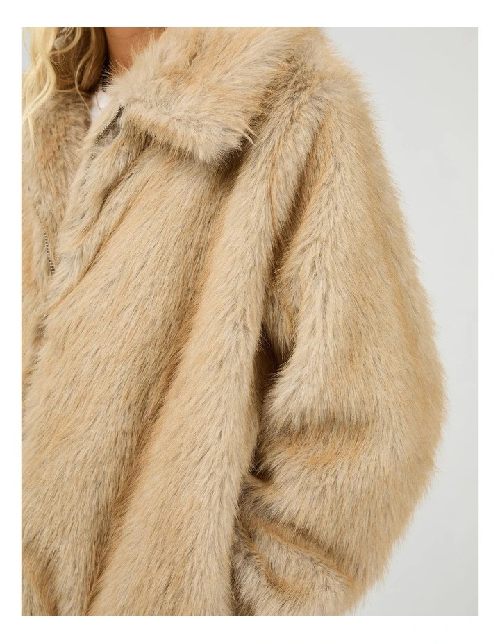 Sable Faux Fur Zip Coat in Brown image 5