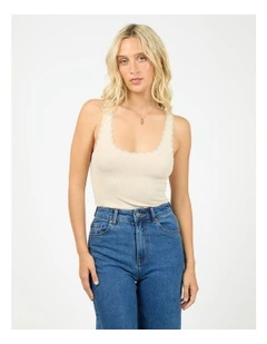 Washed Rib Lace Tank in Beige