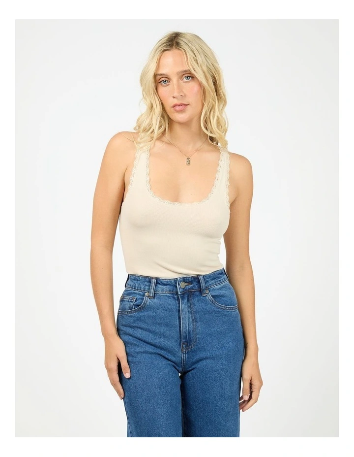 Washed Rib Lace Tank in Beige image 1