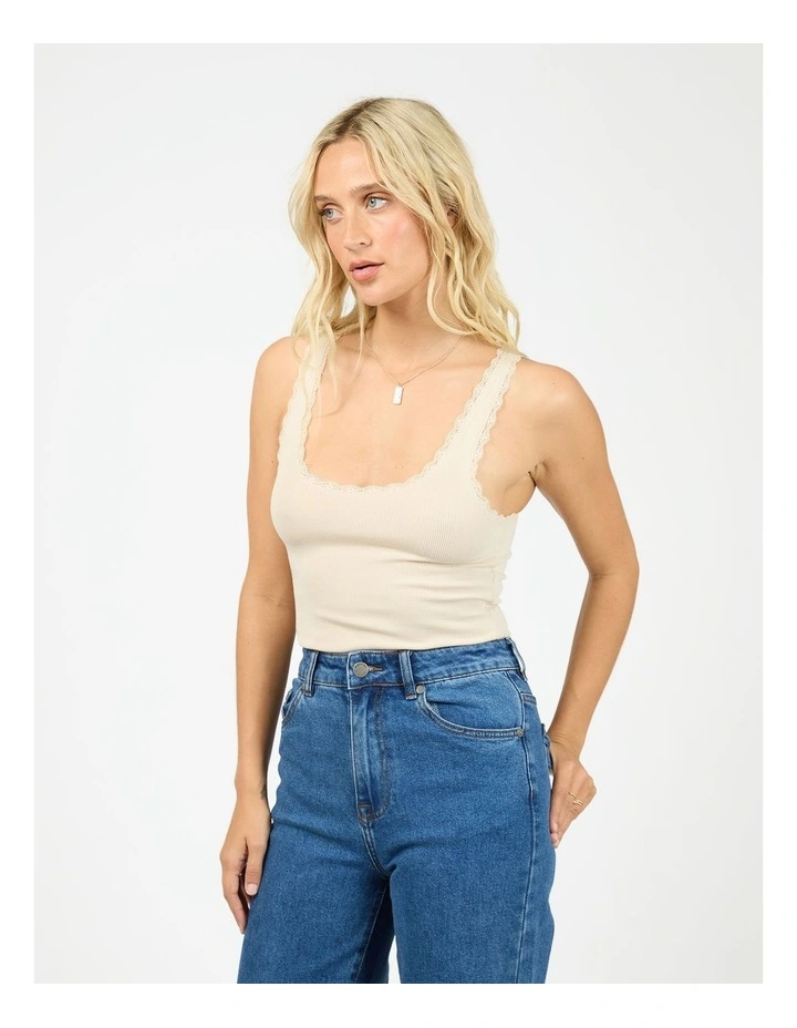 Washed Rib Lace Tank in Beige image 3