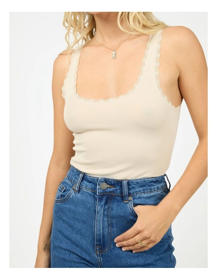 Washed Rib Lace Tank in Beige image 4