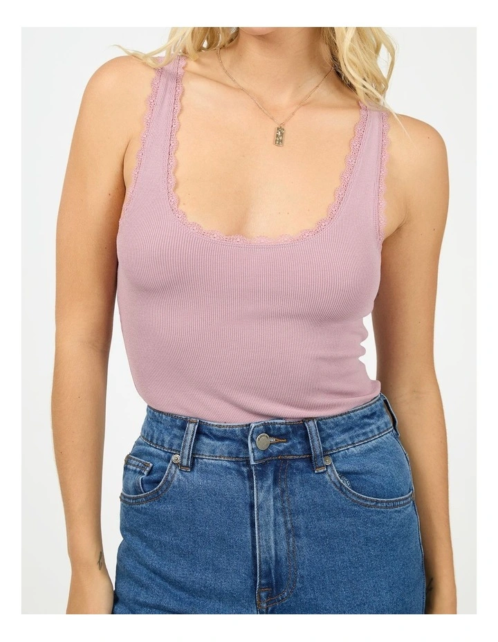 Washed Rib Lace Tank in Pink image 4