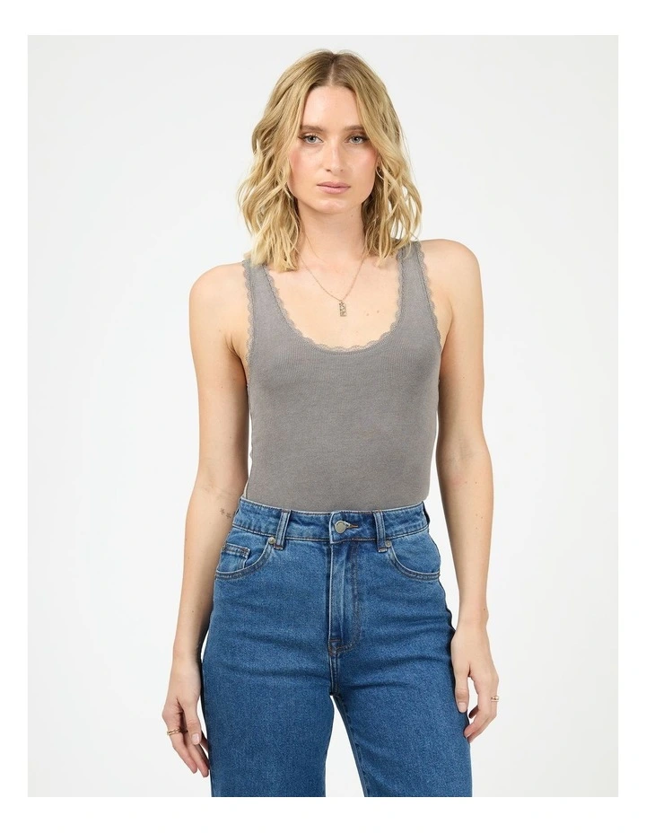 Washed Rib Lace Tank in Charcoal image 1